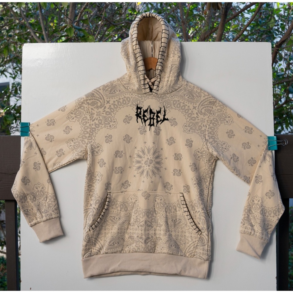 NWOT Rebel Vengeance Mandala Men's Pullover Hoodie Ivory/Cream Sweatshirt Size S